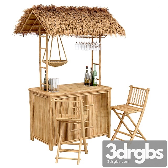 Beach Bamboo Bar with Bottles and Glasses