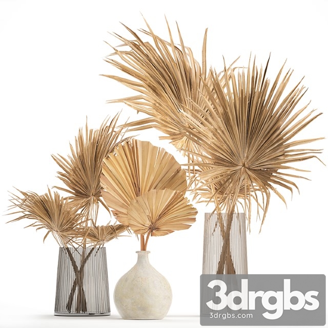 A beautiful bouquet of dried flowers in a glass vase with branches, a dry palm leaf, a branch. set 133.