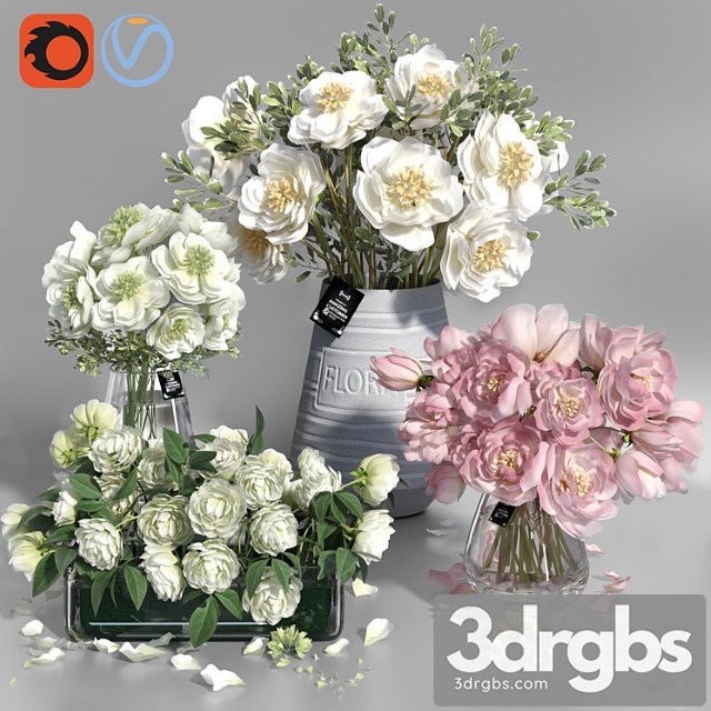 White and pink tone peonies cement concrete glass vases