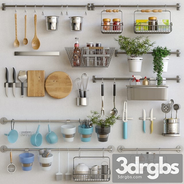 Kitchen utensils with spices, groceries and flowerpots