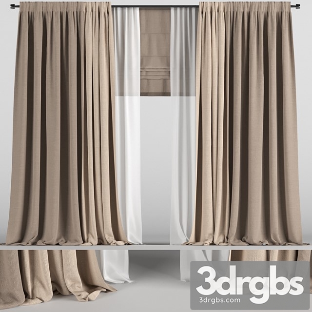 Brown curtains in two colors with tulle and roman blinds.