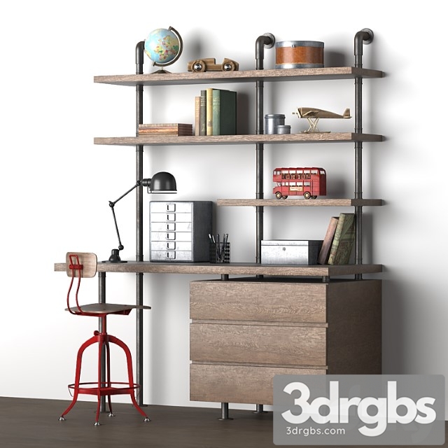 Industrial pipe single desk & shelving with drawers 2