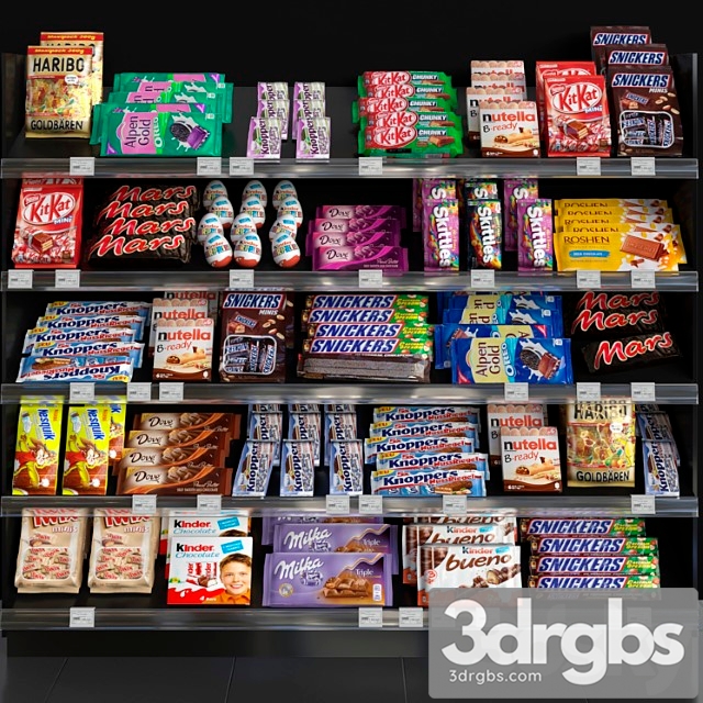 Showcase in a supermarket with sweets, chocolate and other sweets