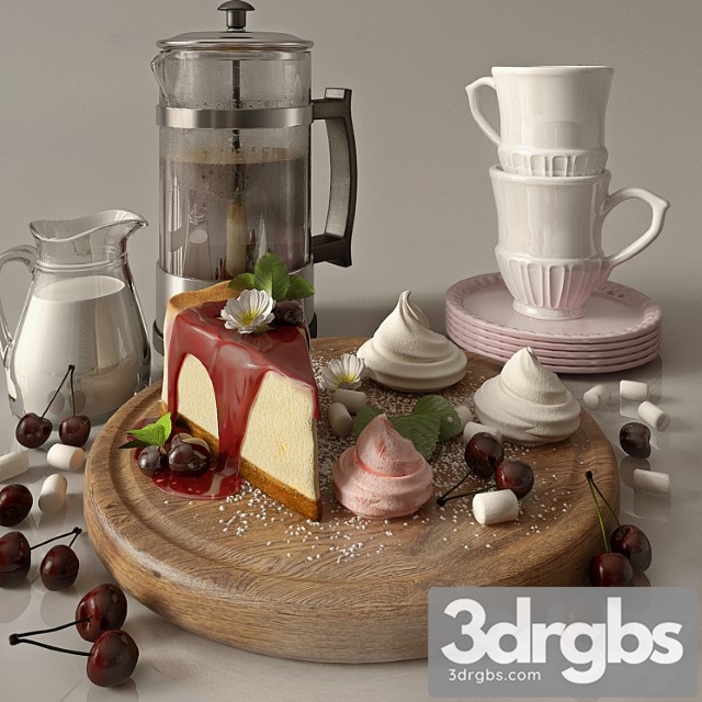 Kitchen set with cofee and cherry cheesecake