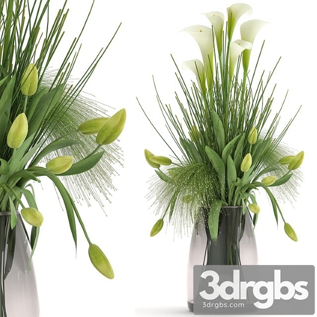 Bouquet of Spring Green Flowers in a Glass Vase With Tulip Calla 115