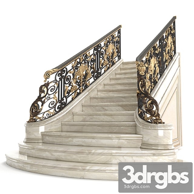 Classic marble staircase with wrought iron railing