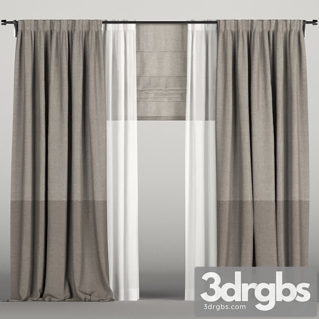 Brown curtains in two shades with roman blinds and tulle.