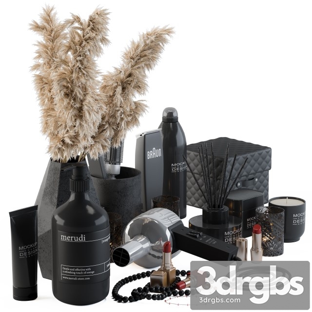 Bathroom Decor Set 05 Black Set with Pampas Plant