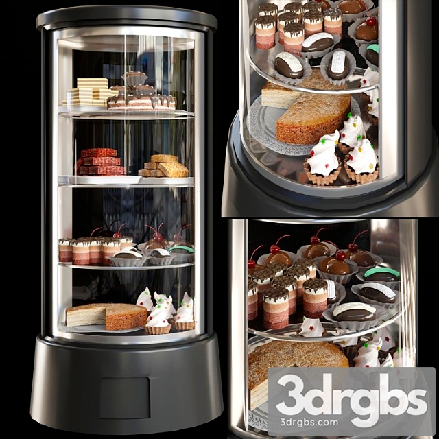 Refrigerator with desserts and sweets for shops or cafes. confectionery