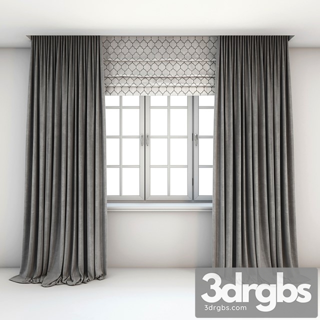 Two-color straight gray curtains in the floor, roman curtains with a yarrow pattern and a window with layouts.