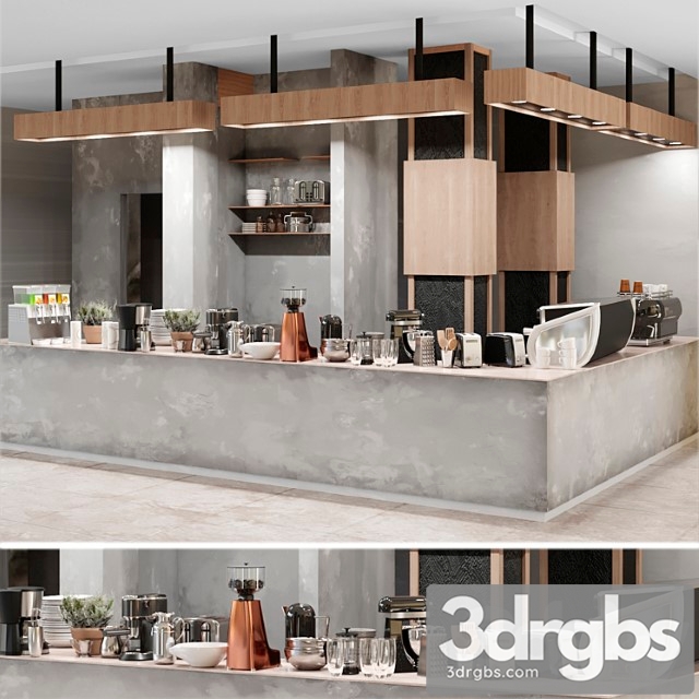 Cafe with a minimalist design with elements of concrete and wood. coffee machine, coffee maker