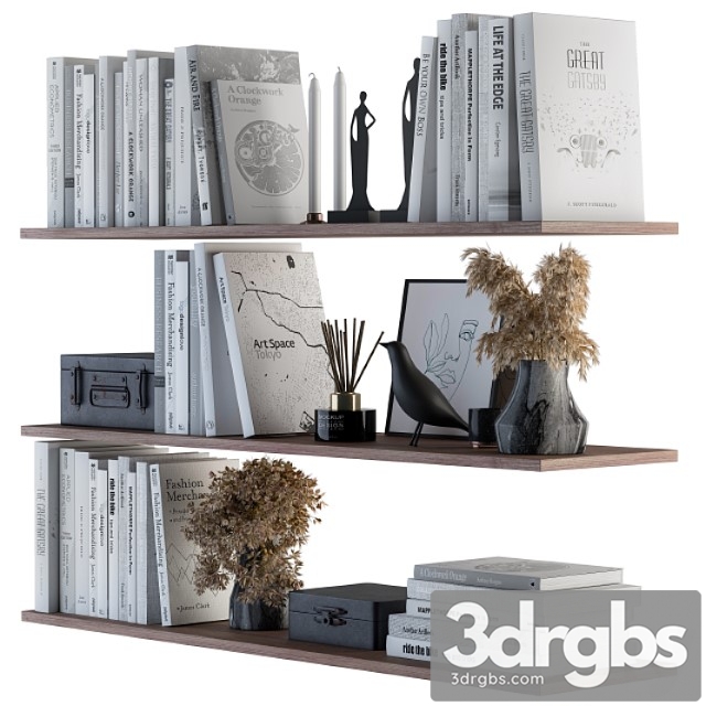 Decorative set on shelves white book and dried plants