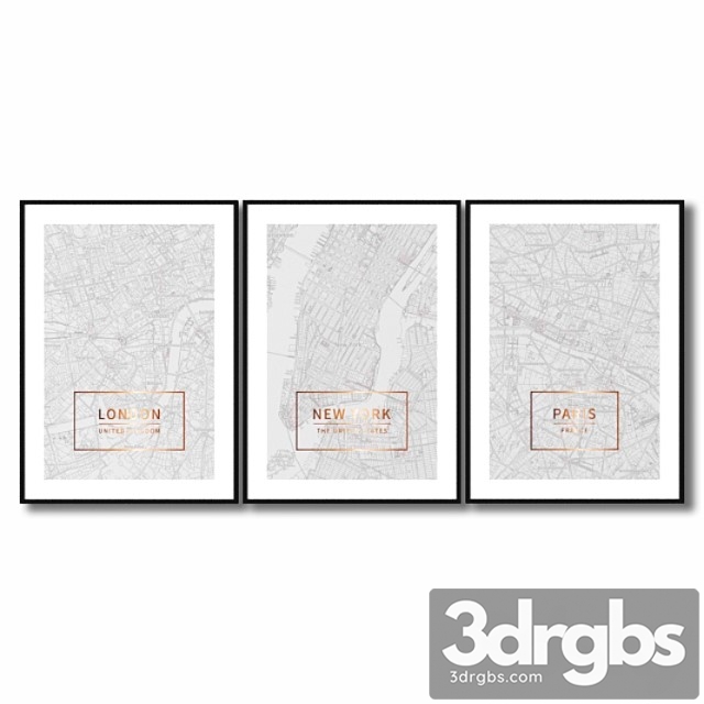 Posters with maps of london, paris, and new york.