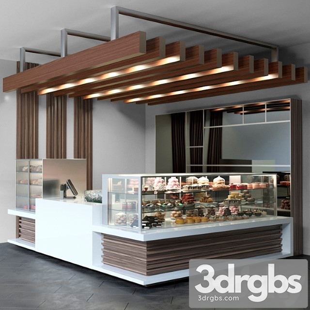 Design project of a coffee point with a confectionery showcase and desserts. cafe