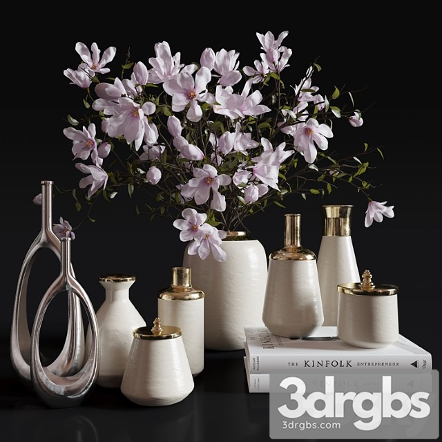 Decoration set 30 magnolia and vases.