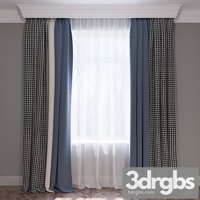 Curtains blue beige and houndstooth set of curtains 01