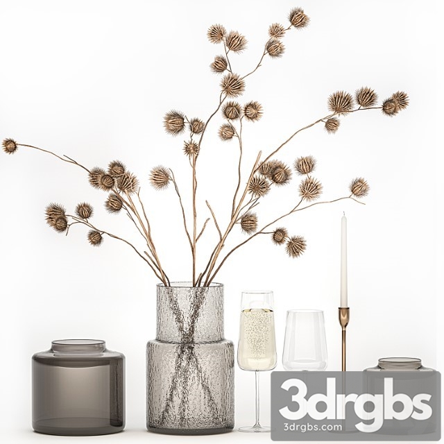 Bouquet of Dried Flowers from Burdock Thorn Branches With Vase and Glass of Sparkling Wine 253