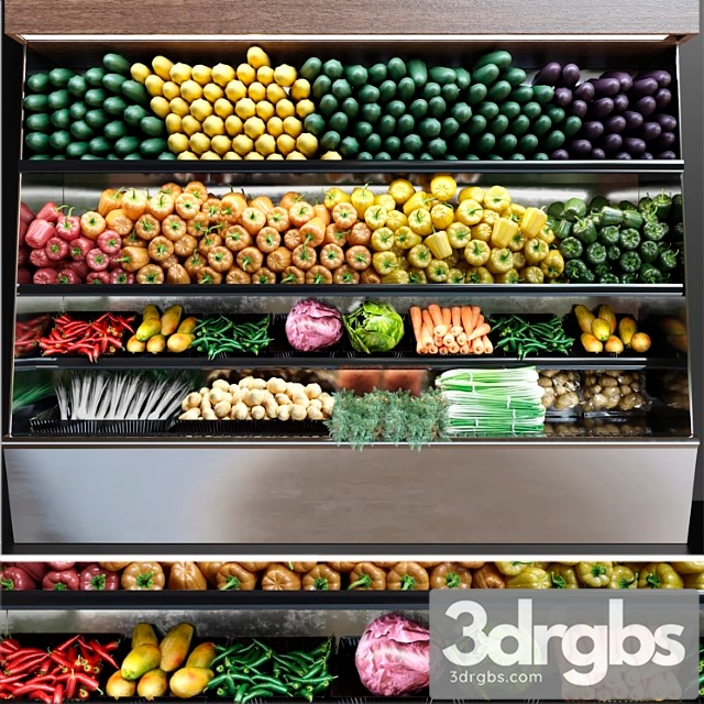 Showcase In Supermarket With Fresh Fruits And Vegetables Food