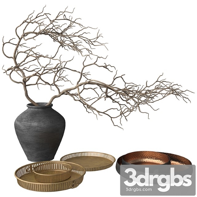 Decorative set Rustic set - vase, branch, copper bowl and brass tray