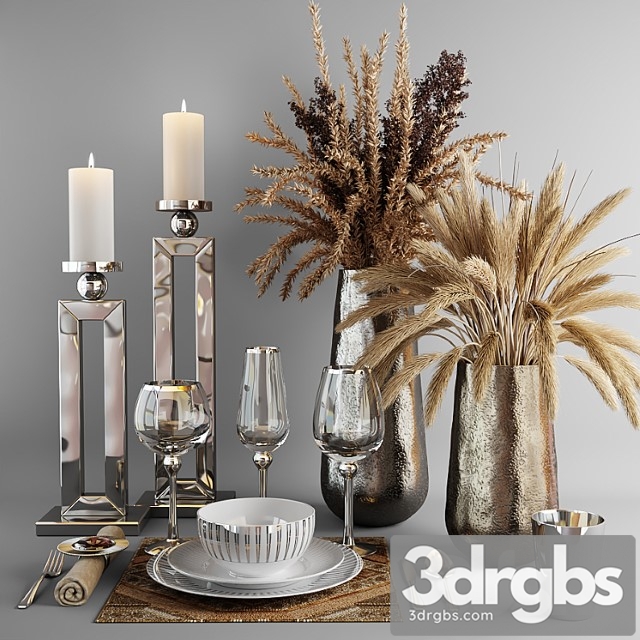 Decorative set with dishes and bouquets of dry grass