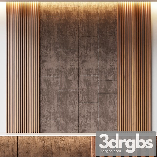 Decorative wall panel made of oak battens and beige velveteen