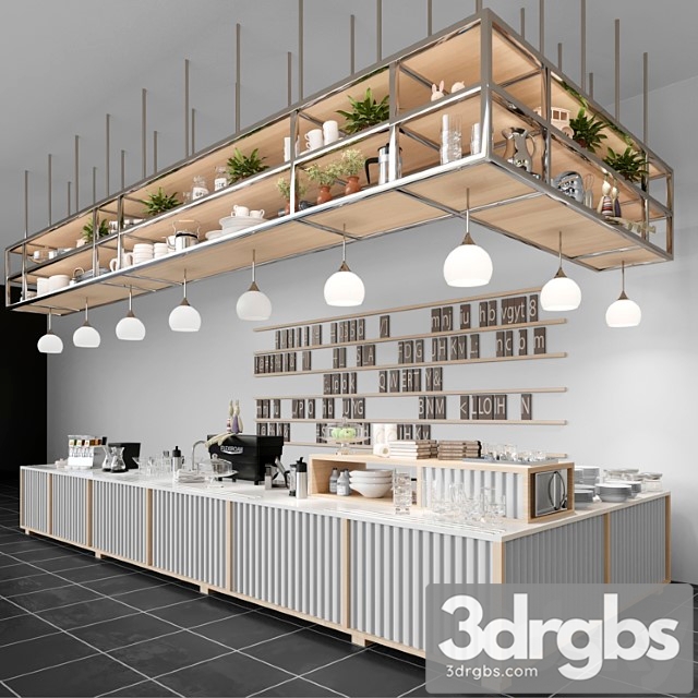 Design project of a coffee house in loft style with a coffee machine and dishes. cafe