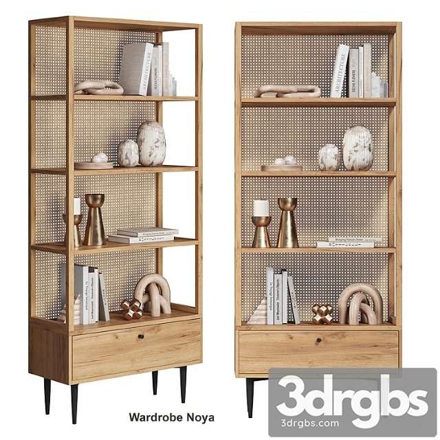 Bookcase in oak and wicker rattan, noya la redoute