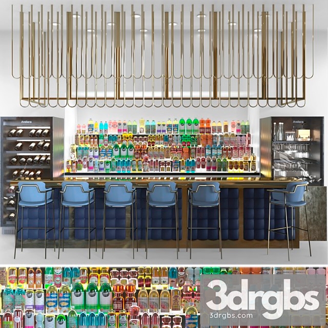 Design project of a restaurant with a rack with alcohol. bar counter