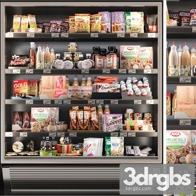 Showcase in a supermarket with sweets, cereals and snacks 3