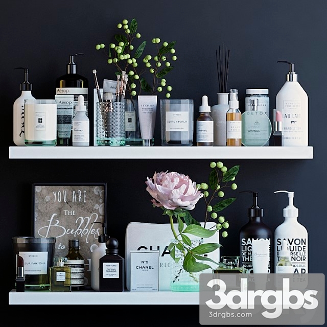 Shelves With Cosmetics and Bathroom Decor 1