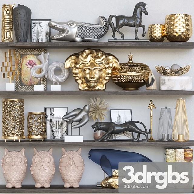 Shelf with collectible decor and figurines. decor