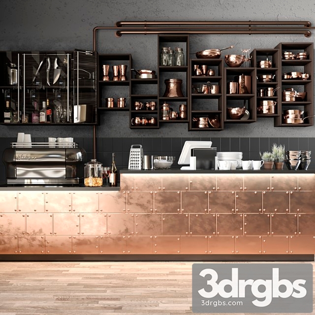 The Bar Counter In The Restaurant With A Copper Decor and A Coffee Machine Tableware