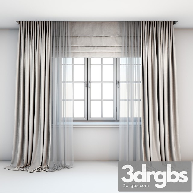 Light Beige Curtains In The Floor With Tulle Decoration Roman Curtains And A Window With Layouts