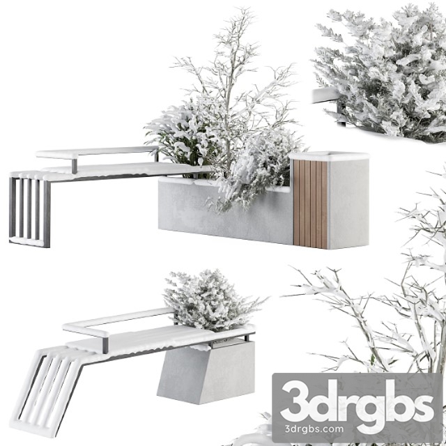 Urban furniture snowy bench with plants- set 33