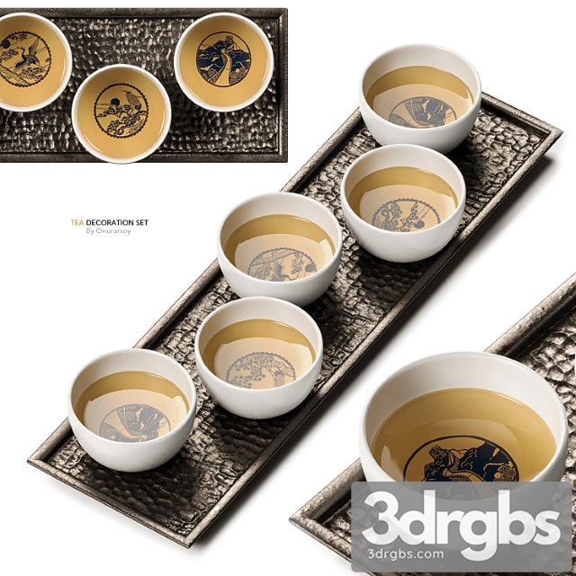 Asian tea decoration set with hammered metal plate