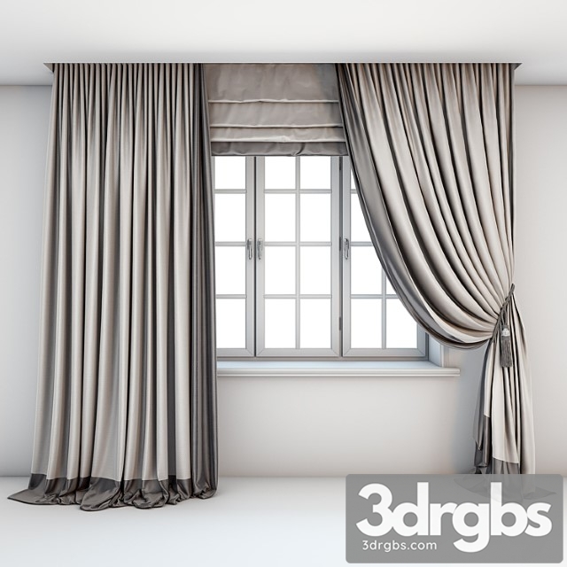 Two-color light curtains in the floor are straight and with a pick-up brush with a dark edging, roman curtains and a window with layouts.